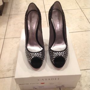 Casadei Black Studded Peep Toe Platform Pumps.